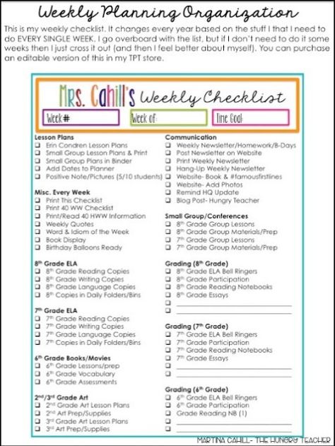 Classroom Organization in the Upper Grades {Part 1 of 5} - The Hungry Teacher Teacher Organizer, Resource Room Teacher, Teacher Checklist, Middle School Ela Classroom, Weekly Checklist, 5th Grade Writing, 6 Class, Teacher And Student, Teacher Material