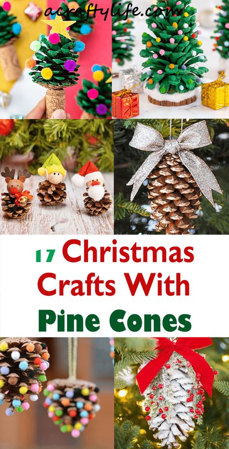 17 Christmas Crafts With Pine Cones - Fun Ideas - A Crafty Life Christmas Crafts With Pine Cones, Pine Cone Ornaments Diy, Crafts With Pine Cones, Christmas Tree Goals, Pine Cone Ornaments, Pine Cone Christmas Decorations, Pinecone Crafts Kids, Pinecone Crafts Christmas, Pinecone Christmas