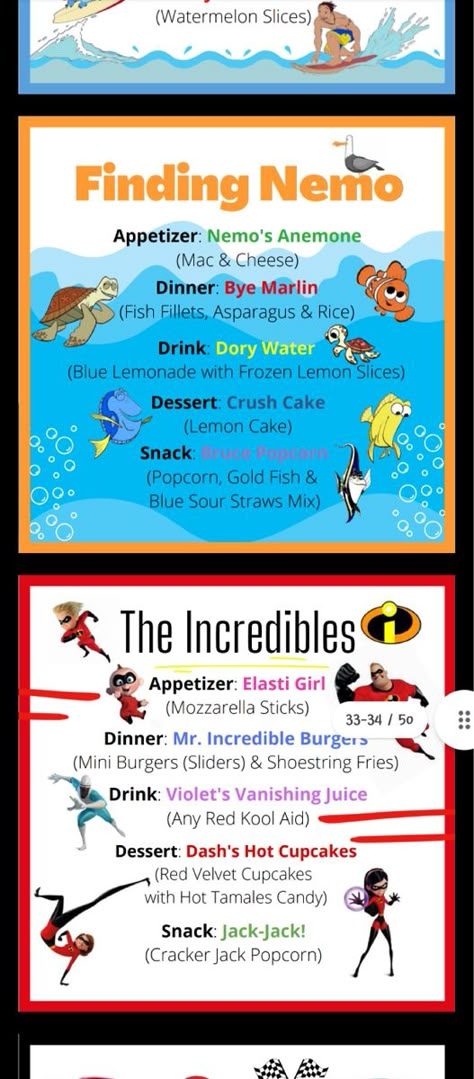 Disney Movie Night Menu Finding Nemo, Daycare Movie Day Ideas, Finding Nemo Themed Dinner, Pixar Dinner And Movie Night, Finding Nemo Movie Night Food, Avatar Themed Dinner, Family Movie Dinner Night, Disney Dinner Ideas Movie Nights, Harry Potter Inspired Dinner Recipes