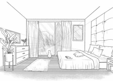 How To Draw A Bed In One Point Perspective, 1 Point Perspective Interior Design, Perspective Drawing Room Interior Design, Bedroom In One Point Perspective, 1point Perspective Drawing Room, Interior Design One Point Perspective, 1 Perspective Room, One Way Perspective Drawing, Room Drawing Ideas Bedroom