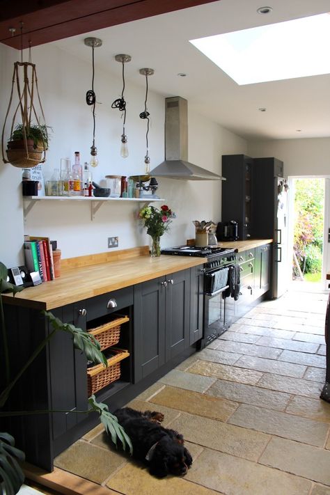 Read all about our wooden worktops and how we're getting on with them here! | www.kezzabeth.co.uk | #kitchenworktop #woodworktop #worktopexpress #diykitchen #kitchenrenovation Wooden Surface Kitchen, Kitchen Tiles Wooden Worktop, Tiles With Wooden Worktop, Black Kitchen Wooden Worktop, Wooden Worktop Kitchen Ideas, Dark Wood Worktop, Shaker Kitchen Wooden Worktops, Wooden Kitchen Worktop, Kitchen With Wooden Worktop