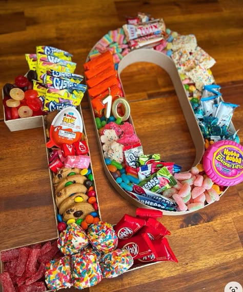 Candy Number Boxes, Diy Party Treats Birthday, Candy Charcuterie Board Ideas Birthday, Candy Charcuterie Letters, Number Candy Charcuterie Board, Hang Ten Birthday Party, Candy Charcuterie Board Birthday, Cute 13th Birthday Party Ideas, 40th Birthday Gifts Diy