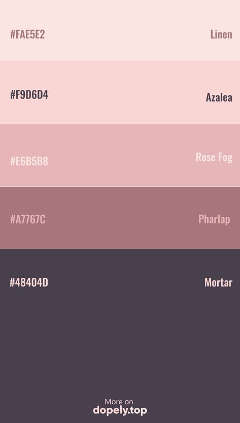 Color Palette inspiration with these hex codes: #FAE5E2 #F9D6D4 #E6B5B8 #A7767C #dopely #colorpalette #purple 5 Color Color Palette, 8 Color Palette Hex Codes, Color Palette And Codes, Purple Colour Palette Hex Codes, Canva Purple Palette, 5 Color Palette Hex Codes, Colour Pallette With Hex Codes, Aesthetic Color Palettes Hex Codes Goodnotes, Aesthetic Colour Palette Hex Codes