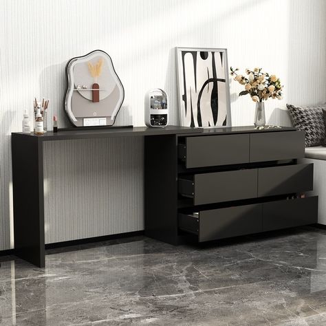 Makeup Desk Rotating Dresser and Desk 6 Drawer Dresser Vanity Makeup - Bed Bath & Beyond - 36484620 Dresser And Desk Combo, Desk Dresser Combo, Dresser And Desk, Black And Cream Bedroom, Dresser Makeup, Modern Vanity Table, Malm Dresser, Dresser Design, Dresser Desk