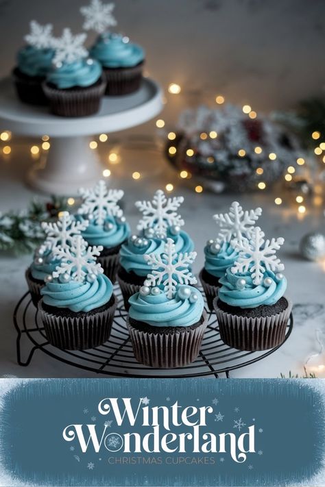 Bring a touch of winter magic to your dessert table with these Winter Wonderland cupcakes! Topped with delicate buttercream snowflakes and a swirl of frosty blue frosting, these cupcakes are as stunning as they are delicious. Moist chocolate cake and light, fluffy buttercream make the perfect pairing for holiday gatherings. They’re ideal for Christmas parties, winter birthdays, or just embracing the cozy season with something sweet. #WinterCupcakes #HolidayDesserts #ChristmasCupcakes #Snowflake Polar Express Dessert Ideas, Snow Themed Food Ideas, Winter Wonderland Cupcakes, New Years Cupcakes, Soft Chocolate Cake, Wonderland Food, Snowflake Cupcakes, Wonderland Cupcakes, Fluffy Buttercream