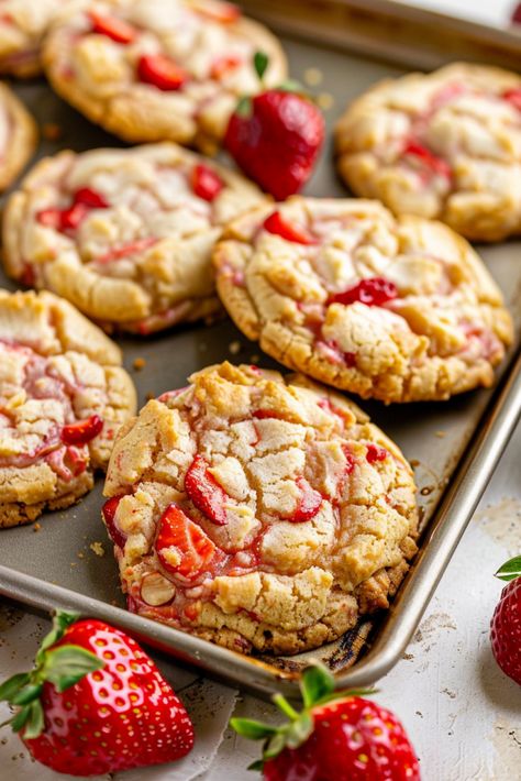 Easy Strawberry Cheesecake Cookies - Krystel's Cooking Strawberry Cheesecake Cookies Recipes, Strawberry Cookies Recipes, Strawberry Cream Cheese Cookies, Strawberry Cheesecake Muffins, Strawberry Cheesecake Cookies, Easy Strawberry Cheesecake, Strawberry Sugar Cookies, Strawberry Shortcake Cookies, Cream Cheese Ball