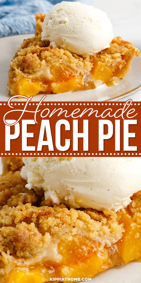 slice of peach pie with a scoop of vanilla ice cream on top Peach Pie Crumble Topping Recipe, Peach Pie Cobbler Recipe, Homemade Peach Pie With Fresh Peaches, Peach Pie Recipes Crumble, Betty Crocker Peach Pie Recipe, Graham Cracker Crust Peach Pie, Peach Pie With Tapioca Recipe, One Crust Peach Pie, One Shell Pie Recipes