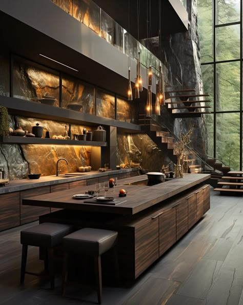 Modern luxury dark aesthetic forest home🖤✨ We design luxury spaces for clients worldwide, find out more on our website, link in bio! #interiordesign #interior Luxury Dark Aesthetic, Dark Kitchen Design, Dark House Aesthetic, Kitchen Ideas Luxury, Dark Modern House, Luxury Houses Kitchen, Mansion Kitchen, Dark Interior Design, Modern Luxury Kitchen