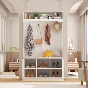 Wildon Home® Aadila Hall Tree with Bench and Shoe Storage | Wayfair Shoe Storage Cubes, White Hall Tree, Bench And Shoe Storage, Hall Tree With Bench, Hall Tree Storage Bench, Entryway Hall Tree, Hall Tree With Storage, Shoe Cubby, Entryway Coat Rack