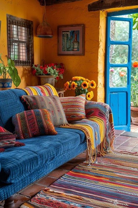 Character Home Decor, Latin Decor Living Rooms, Mexico Decor Home, Mexican Inspired Apartment, Mexican Theme Living Room, Mexican Inspired Room Decor, Modern Rustic Living Room Decor Ideas, New Mexico Decor Interior Design, Mexico Inspired Home Decor