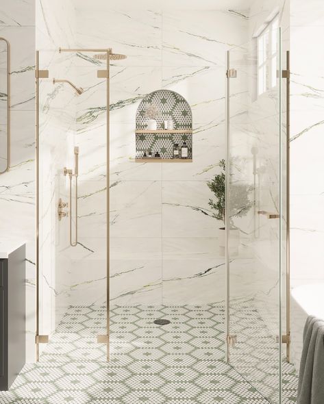 We take shower tile very seriously! Swipe through to see some of our favorite designs and let us know which one catches your eye—1, 2, 3, or 4? Leave a comment below with your favorite! 1. Emporio Calacatta Green with Santorini Green & White Petals floor and niche 2. Panorama White Marbled Peak porcelain tile walls with Emporio Calacatta Gold porcelain mosaic floor 3. Sultana Celeste Green walls with Sultana Stella Crema floor tiles 4. Panorama Birch Grove porcelain tiles with Emporio Si... Bathroom Large Wall Tiles, Large Panel Shower Tiles, Extra Large Bathroom Tiles, Large Scale Bathroom Tile, Large Tile Bathroom Wall, 12 X 24 Tile Bathroom Shower Walls, Large Marble Tile Shower Walls, 2025 Bathroom Tile Trends, Beautiful Bathrooms Master Baths