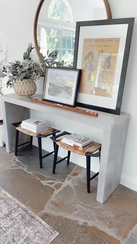 Dining room console table. My exact mirror sold out so trying to link some similar ones here.     #console #entryway #diningroom #roundmirror Console Table In Dining Room, Console Table With Stools, Room Console Table, Dining Room Console Table, Dining Room Console, Console Entryway, Accent Stool, Dining Room Ideas, Wood Accent