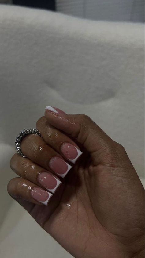 French Tip With Pink Acrylic Nails, White French Tips On Brown Skin, Deep Arch French Nails, Short Junk Nails, Polish Nails, Hard Nails, Colored Acrylic Nails, Girly Acrylic Nails, French Tip Acrylic Nails