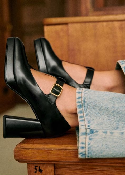 Monique High Mary Janes - Glossy Black - Bovine leather - Sézane Sezane Mary Janes, Parisian Style, Mary Janes, Heels, Sneakers, Leather, Black