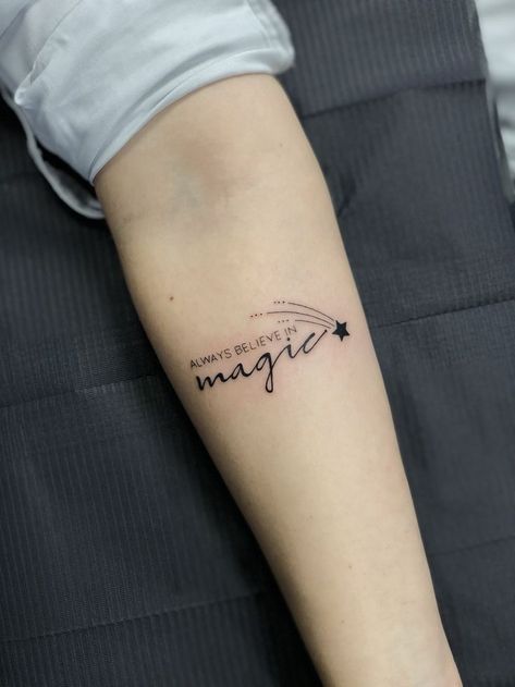 Made Of Magic Tattoo, Tattoo Sentences, Couple Wrist Tattoos, Tattoo Klein, Small Words Tattoo, Meaningful Tattoo Ideas, Forearm Tattoo Ideas, Luna Tattoo, One Word Tattoos