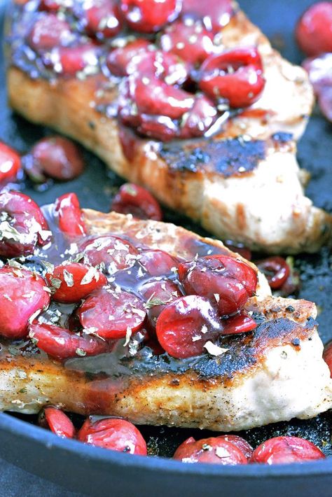 Boneless Pork Chops Smothered in Balsamic Cherry Sauce Pork Chops Smothered, Balsamic Cherries, Healthy Pork Chops, Healthy Pork Chop Recipes, Pan Seared Pork Chops, Marinated Pork Chops, Seared Pork Chops, Healthy Pork, Balsamic Pork