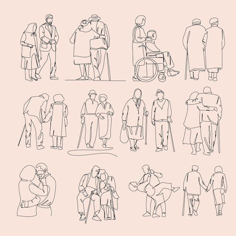 Drawing Of Old Couple, Old Couple Tattoo, Elderly Couple Drawing, Growing Old Together Drawing, Drawing Ideas For Grandparents, Drawing Of Grandparents, Line Art Drawings People, Drawings For Grandparents, Old Couple Doodle