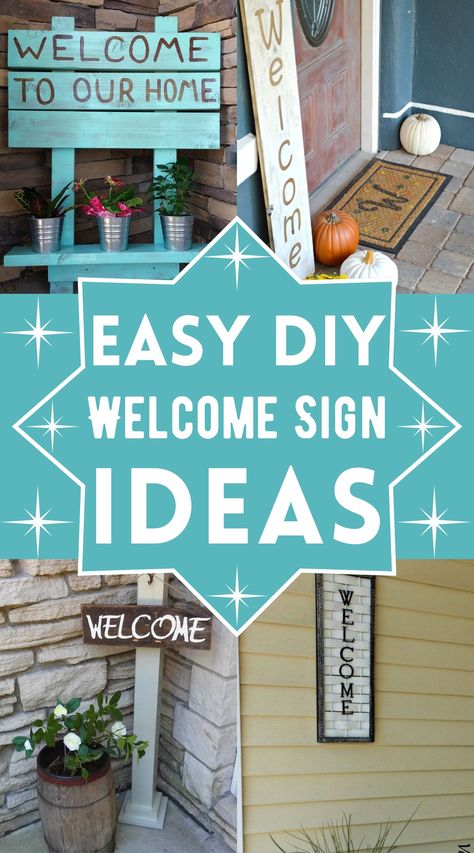 15 Really Attractive DIY Welcome Sign Ideas Diy Porch Address Sign, Door Hanger Saying Ideas, House Warming Sign Ideas, Homemade Welcome Signs, Diy Signage Ideas, Diy Outdoor Signs Wood, Welcome Home Signs Diy Poster, Diy Wood Signs Rustic, Welcome Sign Front Door Diy Ideas