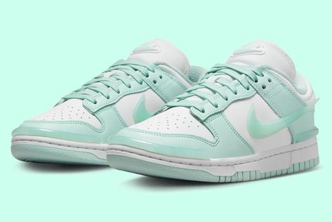 The Nike Dunk Low Twist first arrived in ‘Panda’ and ‘Vivid Sulfur’, and the ‘Jade Ice’ is up next. Noise Aqua Dunks, Nike Dunk Low Disrupt Sea Glass White, Nike Dunk Low Twist Jade Ice, Barely Green Dunks, Oil Green Dunks, Nike Dunk Low, Dunk Low, Nike Dunks, Jade