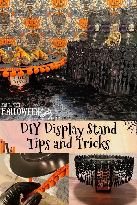 Whether you're looking to build a Halloween buffet display or put together a Halloween centerpiece, we've got all the DIY Display Stand Tips and Tricks that are sure to keep your guests talking this Halloween season! Halloween Craft Fair Display, Halloween Craft Booth Display, Halloween Vendor Booth Display, Halloween Vendor Booth Decor, Goth Vendor Booth, Diy Standing Halloween Candy Bowl, Diy Halloween Candy Bowl Stand, Halloween Cakes Diy, Halloween Buffet Table