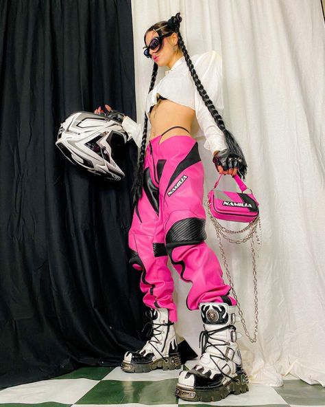 Pink Cyberpunk Outfit, Pink Punk Outfits, Pink Cyberpunk, Motocross Outfits, Cyberpunk Outfit, Pink Punk, Cyberpunk Clothes, Neon Outfits, Summer Special