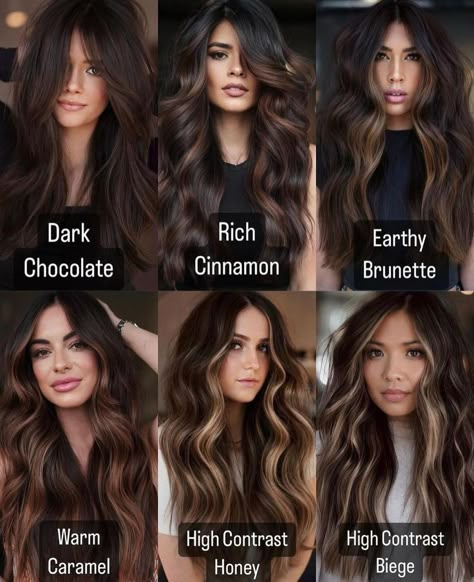 Temporary Highlights For Black Hair, Brunette Hair Tones, Balayage Hair Color For Black Hair, Money Pieces For Black Hair, Fall Hair Tones, Dark Brunette Hair With Caramel Highlights, Edgy Brown Hair Color, Boho Haircolor, Latina Balayage