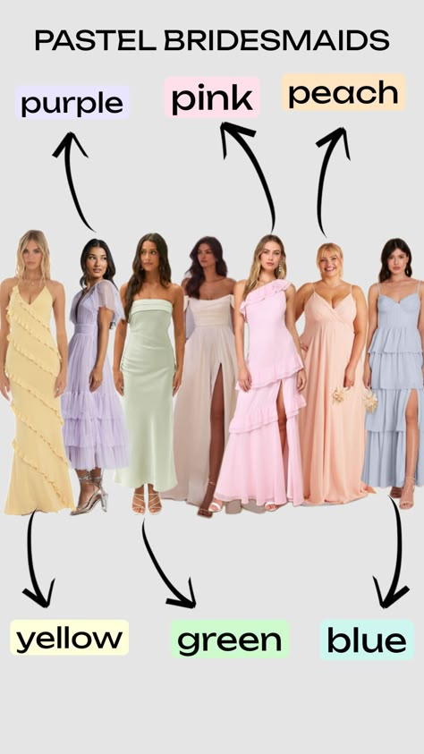 Pastel Colored Bridesmaid Dresses, Soft Pastel Bridesmaid Dresses, Pastel Wedding Mood Board, Mismatched Bridesmaid Dresses Spring Pastel Colors, Pastel Bridesmaid Dress, Pastel Wedding Guest Dress, Multicolored Bridesmaids Dresses, Bridesmaid Dress Mismatched, Pastel Colour Bridesmaid Dresses