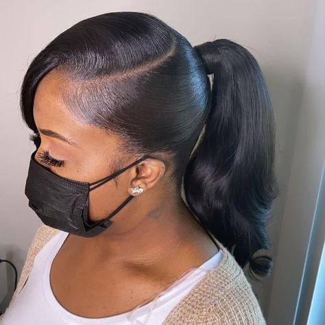 Sleek Low Ponytail With Bangs, Drumming Hairstyle, Updo Ponytails For Black Women, Black Hair Updo Hairstyles Wedding, Ponytail Hairstyles For Black Women Updo, Up Down Ponytail Hairstyles, Black Woman Updo Hairstyles, Ponytail Updo For Black Women, Side Ponytail Hairstyles For Black Women