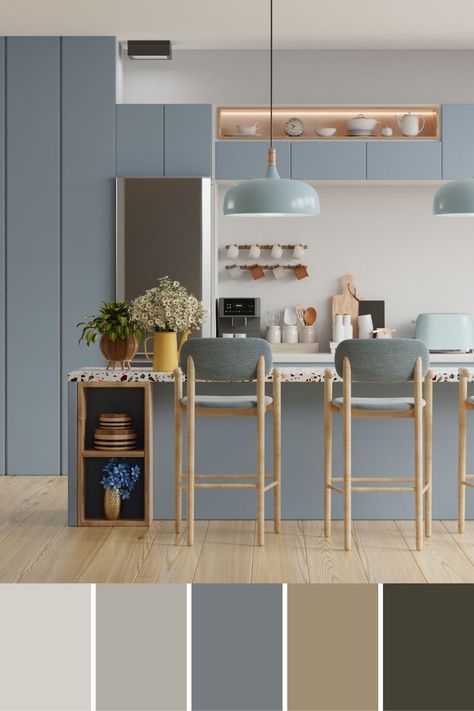 Pastel Color Office Interior, Pastel Color Kitchen Ideas, Wall Pastel Color Ideas, Light Blue Kitchen Color Scheme, Pastel Coloured Kitchen, Blue Aesthetic House Interior, Pastel Scandi Kitchen, Cute Kitchen Color Schemes, Pastel Blue Dining Room