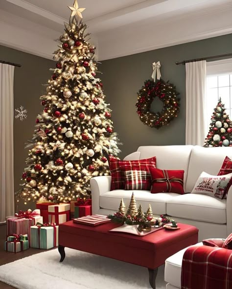 Cozy Christmas Living Room, Christmas Decor Trends, Red And Gold Christmas Tree, Red And Gold Christmas, Decorations Living Room, Traditional Christmas Decorations, Creative Christmas Trees, Beautiful Christmas Decorations, Unique Christmas Decorations