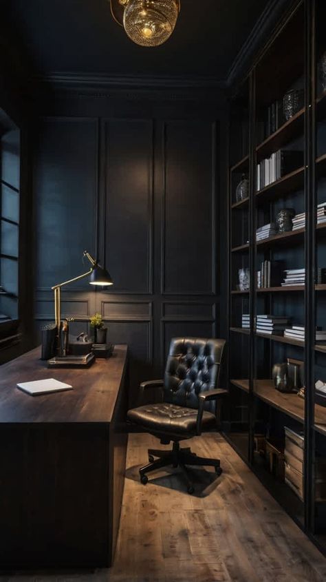 20 Dark & Moody Office Design That Looks Calming Moody Ceiling Design, Men’s Office Wall Color, Man's Office Ideas, Dark Paint Office, Speak Easy Office, Dark Moody Office Home Office, Dark Office Design, Moody Office Design, Modern Black Office