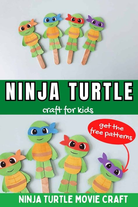 Ninja Turtle Craft. If your boy is obsessed with the Ninja Turtles, then he'll love making this cute Ninja Turtle craft. After creating the Ninja Turtle puppets, kids can act out their favorite Ninja Turtle adventures! Diy Teenage Mutant Ninja Turtle Party, Nickelodeon Arts And Crafts, Ninja Turtle Diy Decorations, Ninja Turtles Masks, Pin The Mask On The Ninja Turtle, Ninja Turtle Crafts For Preschoolers, Tmnt Free Printables, Ninja Turtles Craft, Ninja Turtle Games For Party For Kids