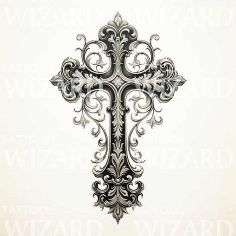 Discover the essence of intricate beauty with our Baroque Cross tattoo design. This black & grey masterpiece elegantly intertwines swirls and ornamental details, creating a mesmerizing symbol of devotion. Handcrafted by renowned tattoo artist John, embrace the divine grace with this religious-inspired artwork. Perfect for those seeking spiritual expression.Tattoo Stencil After purchasing this unique tattoo design, you'll receive a high-quality stencil that you can bring to your tattoo artist whe Cross Gothic Tattoo, Gothic Cross Design, Ornate Cross Tattoo, Ornamental Cross Tattoo, Fullback Tattoo Design For Men, Chaos Star Tattoo, Men’s Cross Tattoos, Baroque Tattoo Sleeve, Gothic Cross Drawing