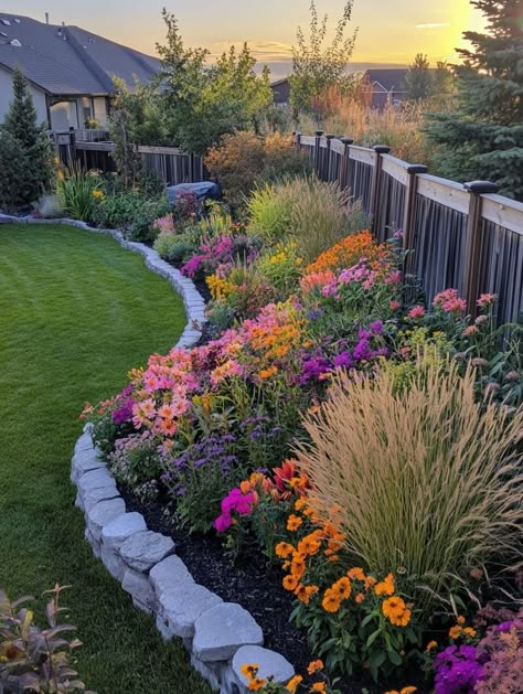 Wild Flower Garden Front Yard, Wild Flower Landscaping, Small Backyard Flower Garden Ideas, Softscape Landscape, Garden Bed Border, Garden Goals, Backyard Dreams, Backyard Flowers, Front Yard Garden Design