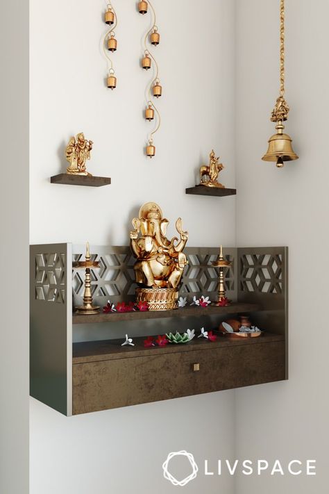 Floating Shelves Pooja Room, God Shelf Design, Pooja Area Design Living Rooms, Puja Corner Ideas, Corner Prayer Shelf, Small Mandir Designs For Home, Wall Altar Ideas, Pooja Shelf Ideas Indian, Corner Temple Design For Home