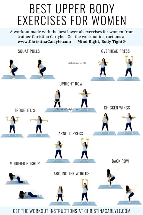 The best upper body exercises for women from trainer Christina Carlyle. Upper Body Exercises For Women, Upper Body Weight Workout, Best Lower Ab Exercises, Christina Carlyle, Upper Body Workout For Women, Workout Instructions, Upper Body Exercises, Body Weight Workout, Holistic Fitness