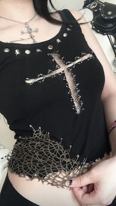 Distress T Shirt Diy, Diy Studded Clothes, Alt Tank Top Diy, Sewing Goth Clothes, Diy Rhinestone Shirt Ideas, Gothic T Shirt Design, Affliction Clothing Women Outfits, Goth T Shirt Outfit, Upcycle Clothes Y2k