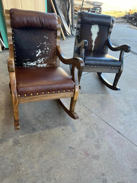 Custom cattle baron leather and cowhide upholstered rocking chairs - Your Western Decor Refurbished Chairs Diy, Western Rocking Chair, Western Chairs, Western Chair, Western Candle Holders, Western Candles, Ranch Furniture, Cowhide Furniture, Burlap Rug