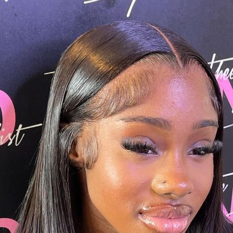 THEENDSTYLIST on Instagram: "Pretty girls love clean middle part bussdowns💕🎀  Service: frontal premade wig install🔥 - - - - - - Tags: #lacewigs #frontalinstall #wig #longhair #hairstylist #wigstyling #styling #melted #lace #lacefrontwig #atl #atlanta #uk #ukhairstylist #fyp #explorepage #hairstyles #blackbusiness #réel" Widows Peak Wig Install, Uk Wig Install, Straight Middle Part Wig Fluffy Edges, Lace Front Edges Ideas, Middle Part Wig No Edges, Middle Part Buss Down With Fluffy Edges, Middle Part Hairstyles Wig, Krimped Hairstyles Middle Part, Bustdown Middle Part Wig