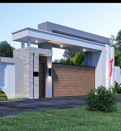 Modern Gate House Design, Gate House Design Modern, Gate House Design Entrance, Wall Fence Design Modern, Entrance Gates Design Architecture Unique, Main Gate Wall Design, Front Gate Landscaping, Simple Front Gate, Double Door Gate Design