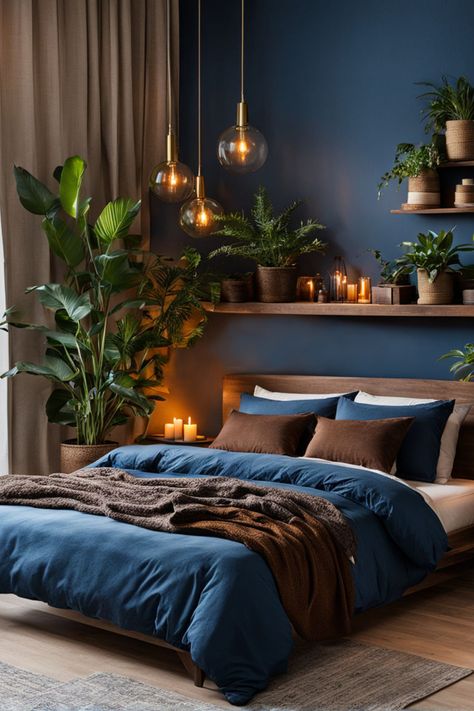 Ready to create a cozy retreat in your bedroom? Get inspired by our collection of 45+ bedroom color palettes From soft and serene to bold and bright, we've got the perfect colors to match your style and create a cozy retreat that's all your own. #CozyRetreat #BedroomColorPalettes #MakeoverInspiration #ColorInspiration Navy Blue Color Palette Colour Schemes Master Bedrooms, Blue Brown Color Palette Bedrooms, Relaxing Blue Bedroom Ideas, Blue Grey And Brown Bedroom, Navy Blue Bedroom Color Palette, Blue Brown And White Bedroom, Navy Color Palette Bedroom, Blue Brown Bedroom Ideas, Dark Navy Bedroom Ideas