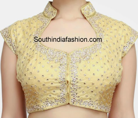 kundan work blouse                                                                                                                                                                                 More Blouse Designs High Neck, Cotton Blouse Design, Kundan Work, Backless Blouse Designs, Saree Blouse Neck Designs, New Saree Blouse Designs, New Blouse Designs, Sari Blouse Designs, Blouse Designs Indian