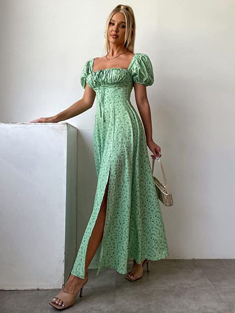 Summer Puff Sleeve Floral Split Maxi Dress Flowy A Line Casual Beach Long Dresses Side Split Maxi Dress, Cute Floral Dresses, Short Sleeve Maxi Dress, Beautiful Long Dresses, Long Beach Dress, Short Sleeve Maxi Dresses, Split Maxi Dress, High Waist Dress, Flowy Maxi Dress