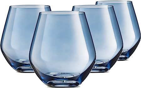 Everyone needs a good stemless wine glass and this set of 4 is the perfect color blue for your modern coastal dining room! 17 oz glasses, set of four. Clear Drinking Glasses, Colored Wine Glasses, Prosecco Wine, Blue Wine Glasses, Vintage Drinking Glasses, Christmas Glasses, Blue Glassware, Red Wine Glasses, Wine Set