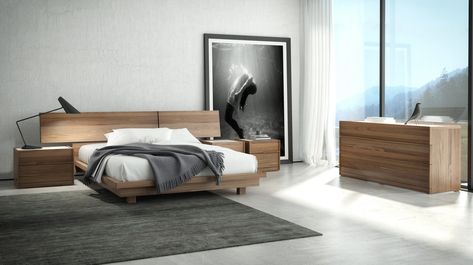 Shown in natural light walnut 500 and cream 321 Swan Bed, Modern Queen Bed, Bedrooms Ideas, Floor Seating, Country Furniture, Bedroom Collection, Modern Bed, Furniture Manufacturers, King Size Bed