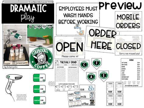 Starbooks Cafe dramatic play Starbucks Dramatic Play Coffee Shop, Starbucks Dramatic Play, Cafe Dramatic Play, Dramatic Play Preschool, Dramatic Play Area, Starbucks Diy, Dramatic Play Centers, Play Sets, Social Emotional Skills