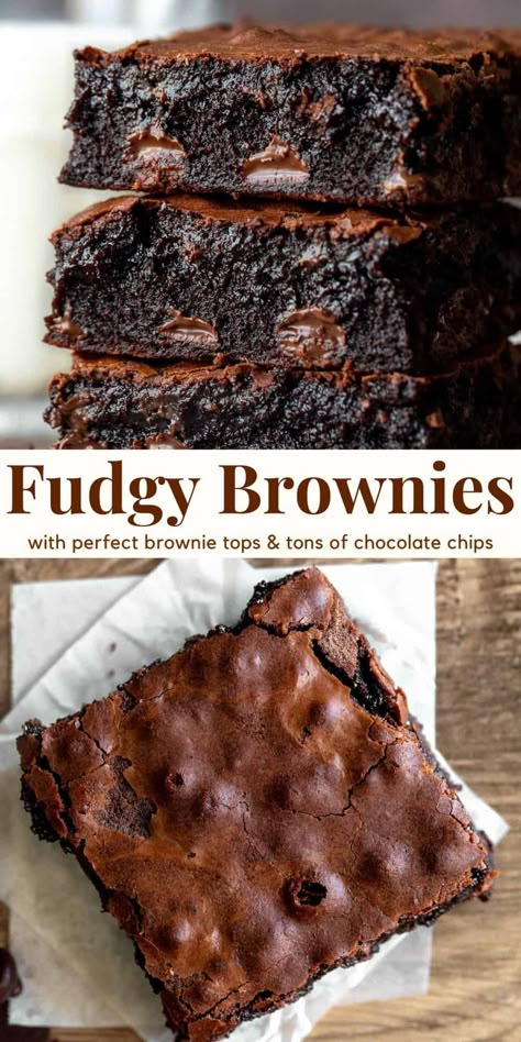 These homemade brownies are incredibly fudgy with the perfect chocolate flavor. They're made from scratch with cocoa powder and other simple pantry ingredients. You'll love their slightly gooey centers and perfect crinkly brownie tops. #brownies #homemadebrownies #gooeybrownies #cocoabrownies from Just So Tasty Choc Chip Brownies Recipe, Brownies Chocolate Chip, Easy Bakesale Ideas, Brownie Recipes Milk Chocolate, Brownies With Vegetable Oil, 9x9 Brownie Recipe, Better Than A Boyfriend Brownies, Gooie Chocolate Brownies, Thick Gooey Brownies