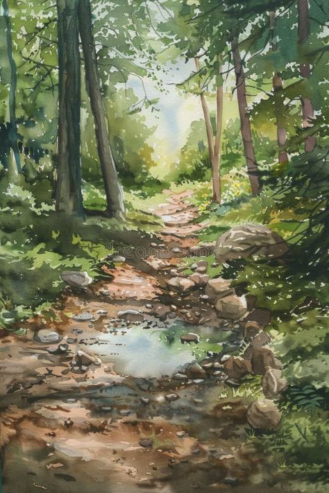 Serene Forest Path with Gentle Stream in Sunlit Woods - Nature Watercolor Painting royalty free stock photography Forest Stream Illustration, Dirt Path Drawing, Path Watercolor, Ap Art Portfolio Ideas, Art Portfolio Ideas, Ap Art Portfolio, Wood Path, Natures Path, Serene Forest