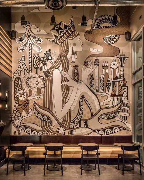 Mural Cafe, Starbucks Art, Creative Wall Painting, Cafe Wall Art, Art Program, Graffiti Murals, Cafe Art, Wall Drawing, Cafe Wall