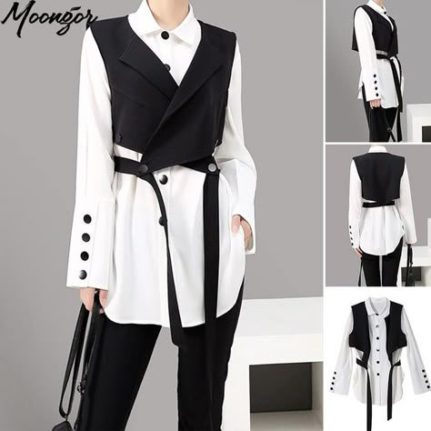 Blouse Top Outfits, Dress Vest Outfits For Women, Blouses For Women Chic, Open Shirt Outfit, Elegant Fitted Button-up Vest, Female Techwear Shirts & Tops, Black Sleeveless Techwear Vest, Sleeveless Techwear Vest, Vest Women Outfit